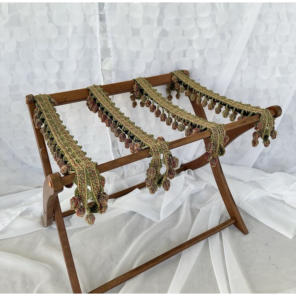 Vintage Large Wood Luggage Travel Rack Stand VICTORIAN TASSELS MCM Guest Room